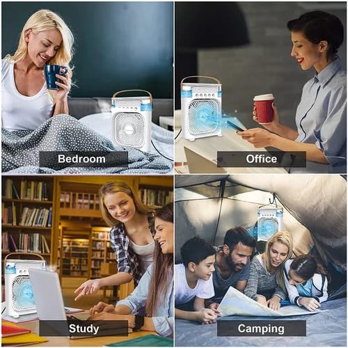 3 in 1 Mini Air Cooler Portable Air Conditioner Ice Roller Mist Fan USB Personal Evaporative Cooler with 7 colors Light, 1/2/3 H Timer, 3 Wind Speeds & 3 Spray Modes for Desktop Table (White)