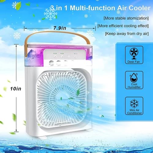 3 in 1 Mini Air Cooler Portable Air Conditioner Ice Roller Mist Fan USB Personal Evaporative Cooler with 7 colors Light, 1/2/3 H Timer, 3 Wind Speeds & 3 Spray Modes for Desktop Table (White)