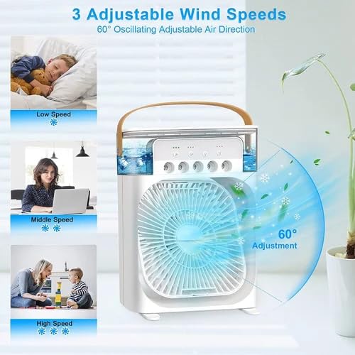 3 in 1 Mini Air Cooler Portable Air Conditioner Ice Roller Mist Fan USB Personal Evaporative Cooler with 7 colors Light, 1/2/3 H Timer, 3 Wind Speeds & 3 Spray Modes for Desktop Table (White)