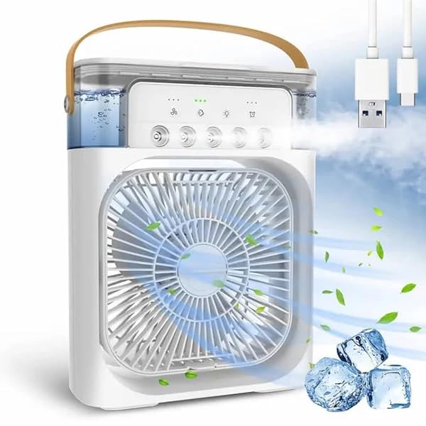 3 in 1 Mini Air Cooler Portable Air Conditioner Ice Roller Mist Fan USB Personal Evaporative Cooler with 7 colors Light, 1/2/3 H Timer, 3 Wind Speeds & 3 Spray Modes for Desktop Table (White)