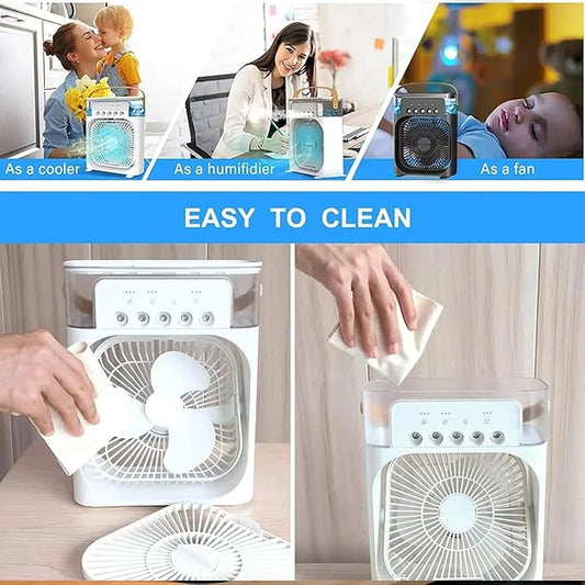 3 in 1 Mini Air Cooler Portable Air Conditioner Ice Roller Mist Fan USB Personal Evaporative Cooler with 7 colors Light, 1/2/3 H Timer, 3 Wind Speeds & 3 Spray Modes for Desktop Table (White)