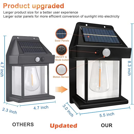 Solar Wall Lights Outdoor, Wireless Dusk to Dawn Porch Lights Fixture, Solar Wall Lantern with 3 Modes & Motion Sensor, Waterproof Exterior Lighting with Clear Panel for Entryway Front Door