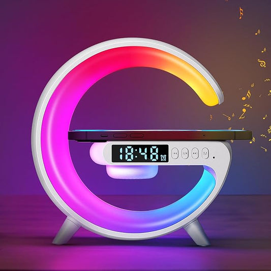 Mini Wireless Charger Atmosphere Lamp, 2023 New Bluetooth Speaker LED Table Lamp, 10 Lights Mode Dimmable Night Light Touch Lamp Alarm Clock with Music for Christmas Birthday Valentines Day Gifts