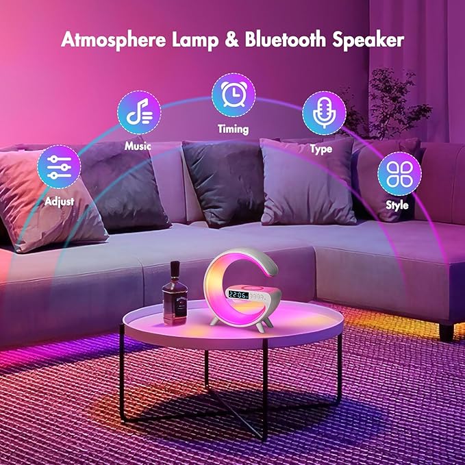 Mini Wireless Charger Atmosphere Lamp, 2023 New Bluetooth Speaker LED Table Lamp, 10 Lights Mode Dimmable Night Light Touch Lamp Alarm Clock with Music for Christmas Birthday Valentines Day Gifts