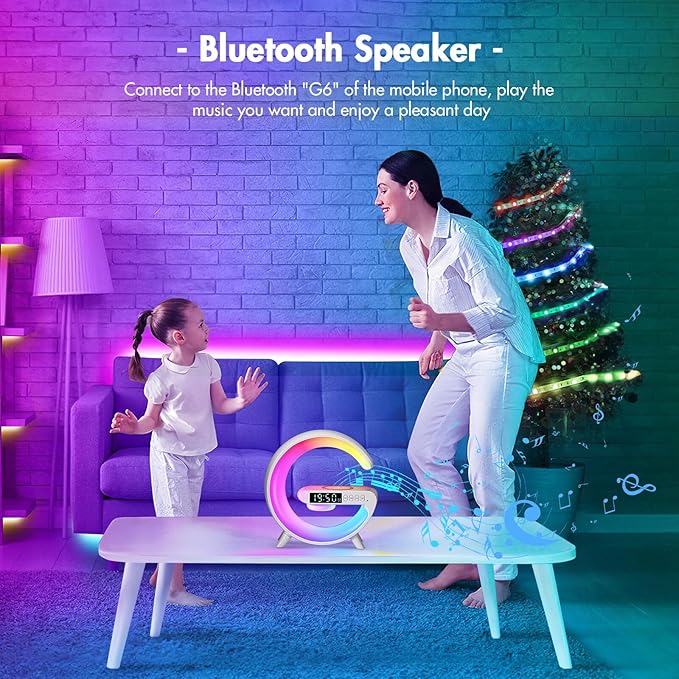 Mini Wireless Charger Atmosphere Lamp, 2023 New Bluetooth Speaker LED Table Lamp, 10 Lights Mode Dimmable Night Light Touch Lamp Alarm Clock with Music for Christmas Birthday Valentines Day Gifts